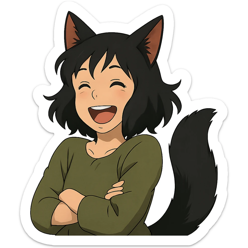 A girl with black fox ears and a tail, green eyes, dark hair, laughing sticker