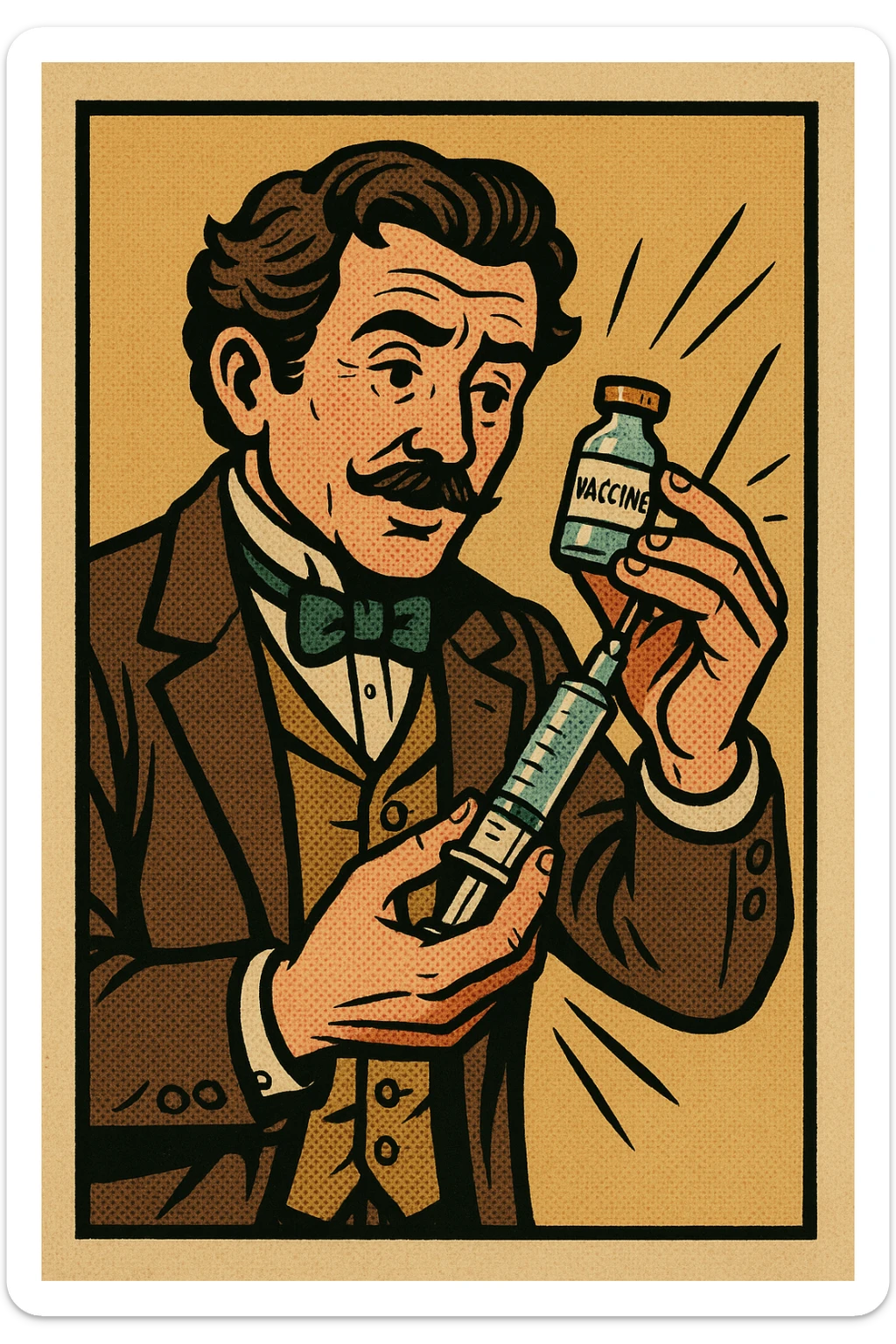 A caring looking victorian doctor holding a vaccination sticker