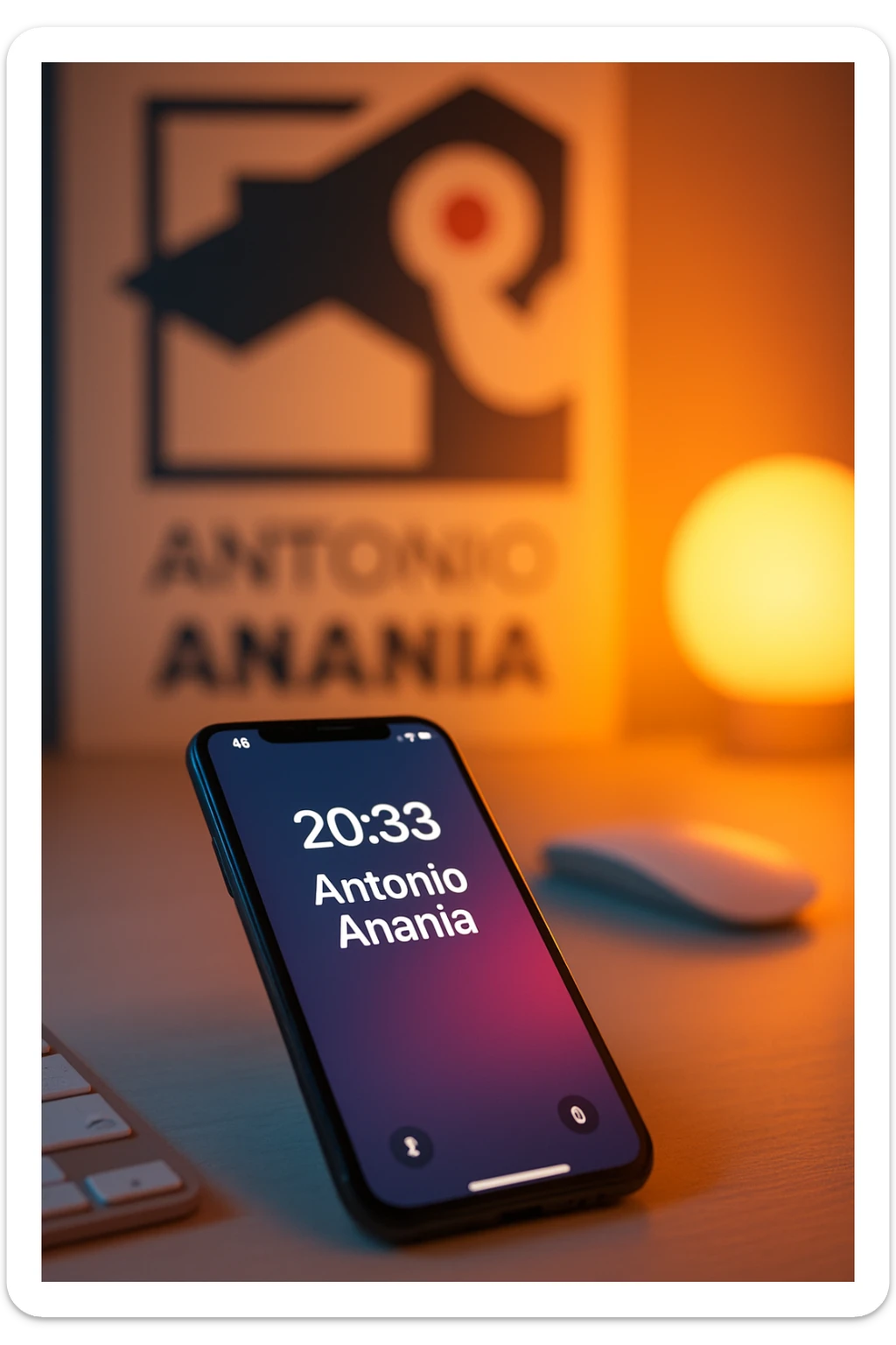 A photo of an iPhone on the desk with the message "Antonio Anania" on its screen, The phone sits atop a desk with a blurred with the logo in the background that suggests work environment. A faint glow from above casts gentle shadows across the surface of each object, creating depth and highlighting their textures sticker