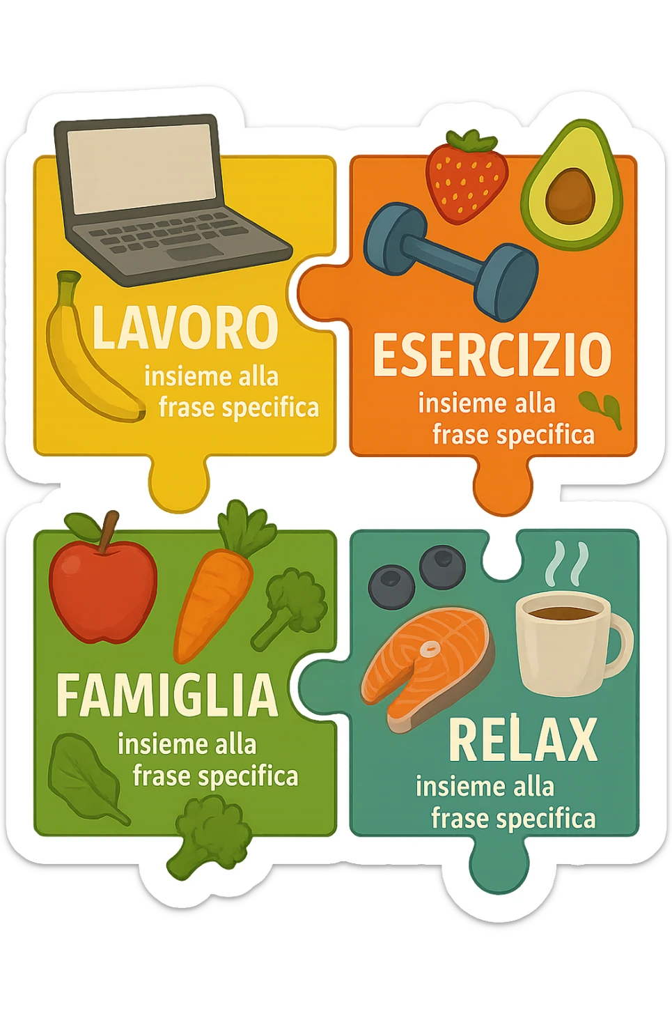 Puzzle (Lavoro, Esercizio, Famiglia, Relax), and healthy foods are integrated into each piece. in italiano sticker