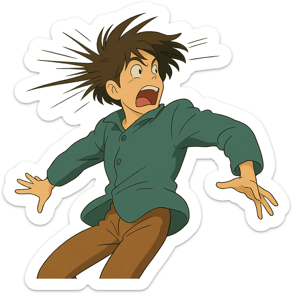 ghibli style illustration of a character reacting to sudden whiplash with dramatic motion sticker