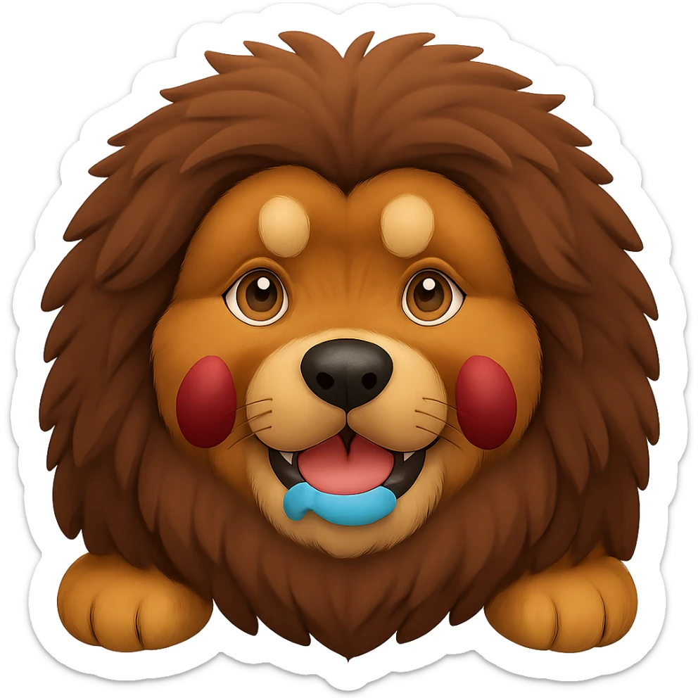 Make the Tibetan Mastiff's fur even fluffier in the style of apple emojis, with no background. sticker
