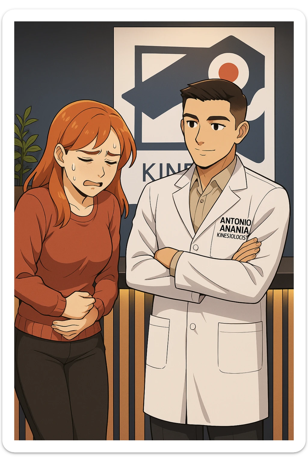 su questo stile fai un manga/webtoon a colori in cui una donna si lamenta che sta male e ha mal di pancia, l'uomo della foto in stile manga gli risponde, mantieni un ambiente simile alla foto che ho allegato con il suo logo (sarebbe il suo studio, lui è un kinesiologo), scrivigli "ANTONIO ANANIA" sul camice bianco, non mettere fumetti, ma fai in modo che sembri che la donna chiede una cosa e l'uomo risponde alla sua domanda sticker