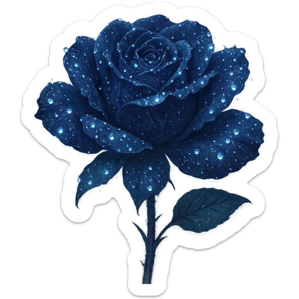 Add glowing dewdrops on the petals of the midnight rose in dark indigo, shimmering with silver flecks and a mysterious, elegant aura. Keep the background transparent. The style should reflect a delicate and ethereal look with emphasis on the glowing effect and silver accents. sticker