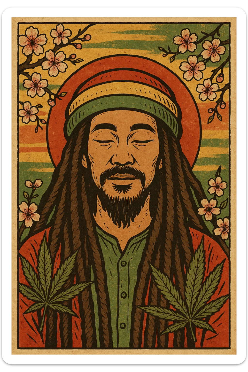 Vintage poster of an Asian Rasta with long dreadlocks, peaceful eyes, and a red-gold-green tam. Surrounded by cherry blossoms and ganja leaves. Background blends Rasta colors into an Asian flag (e.g., red sun from Japan or Chinese star). Retro reggae fusion vibe, with bold lines and aged paper texture.
 sticker
