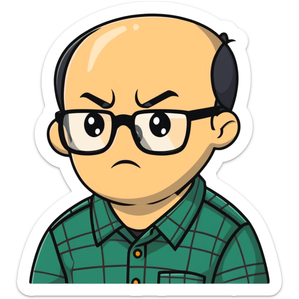 A stiff, uptight person with a scowling face looking fearful, wearing glasses and checkered shirt sticker