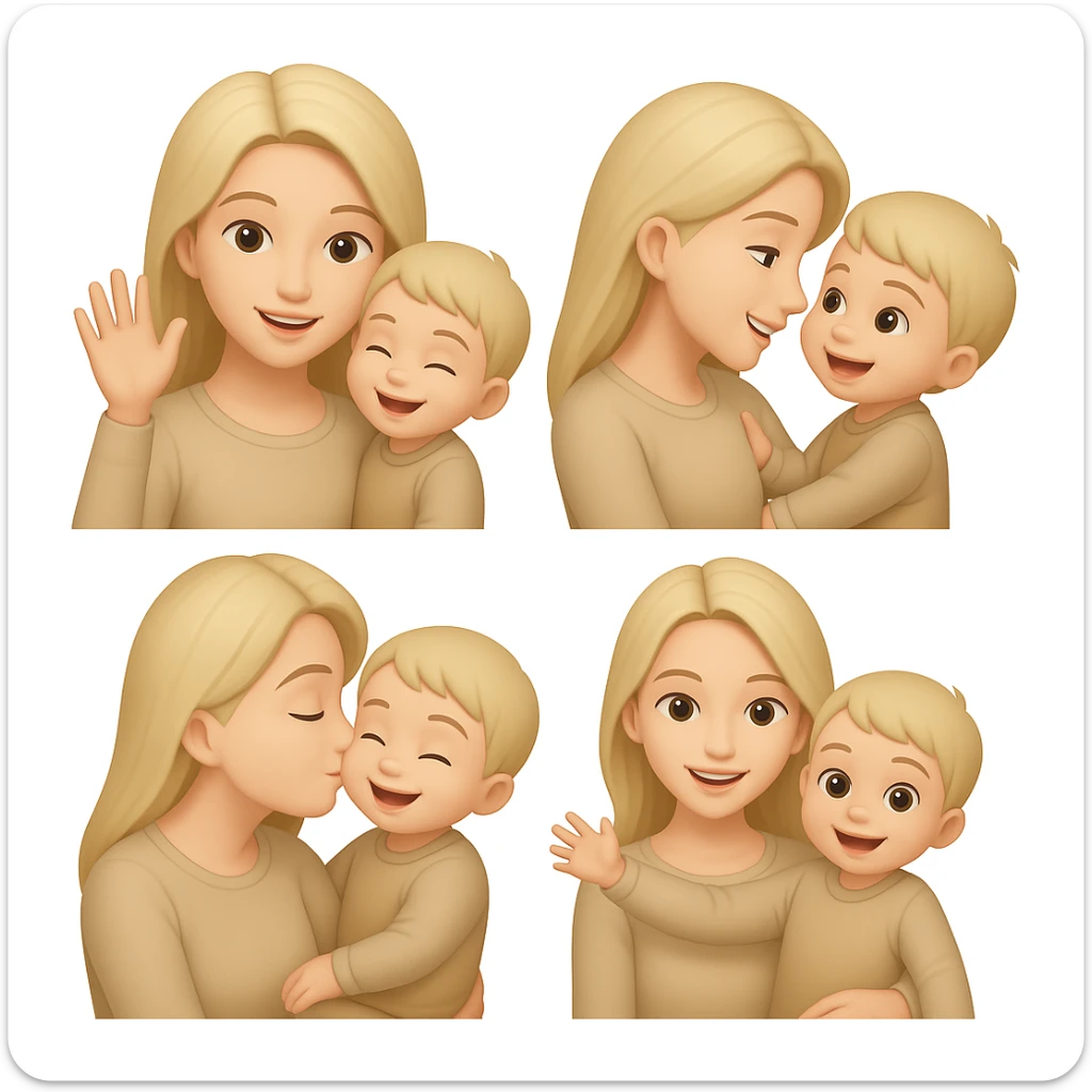 A happy mother with a child in beige clothes in different poses, emoji style sticker