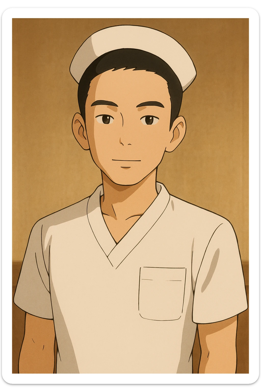 Portrait Ghibli style of a student nurse in a white short-sleeve nursing uniform with a V-neck medical tunic, left chest pocket, no collar stand, no stethoscope, warm indoor ambiance, neutral wall-style background, no clothing under the tunic. sticker