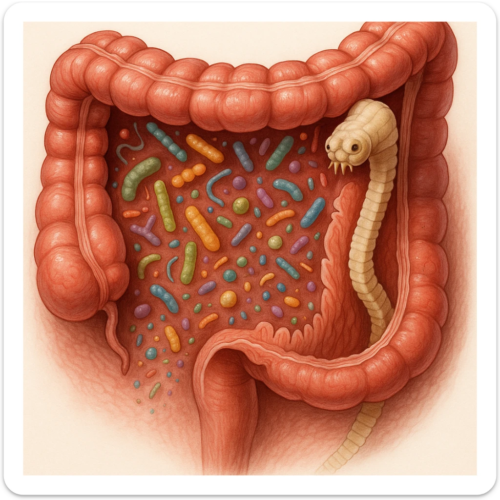 a medical illustration of a human realistic gut with bacteria and parasyte (tenia) sticker