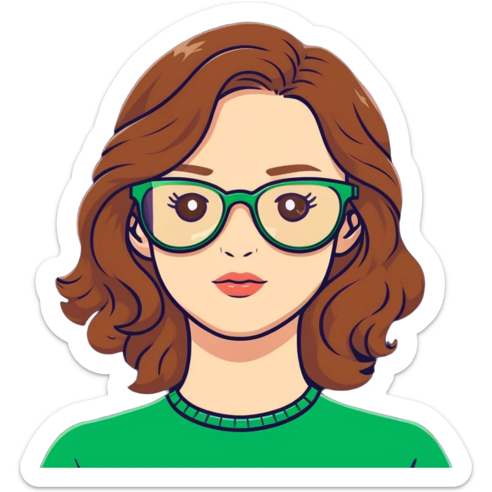 woman with pale skin, brown wavy hair, green eyes, gold glasses sticker