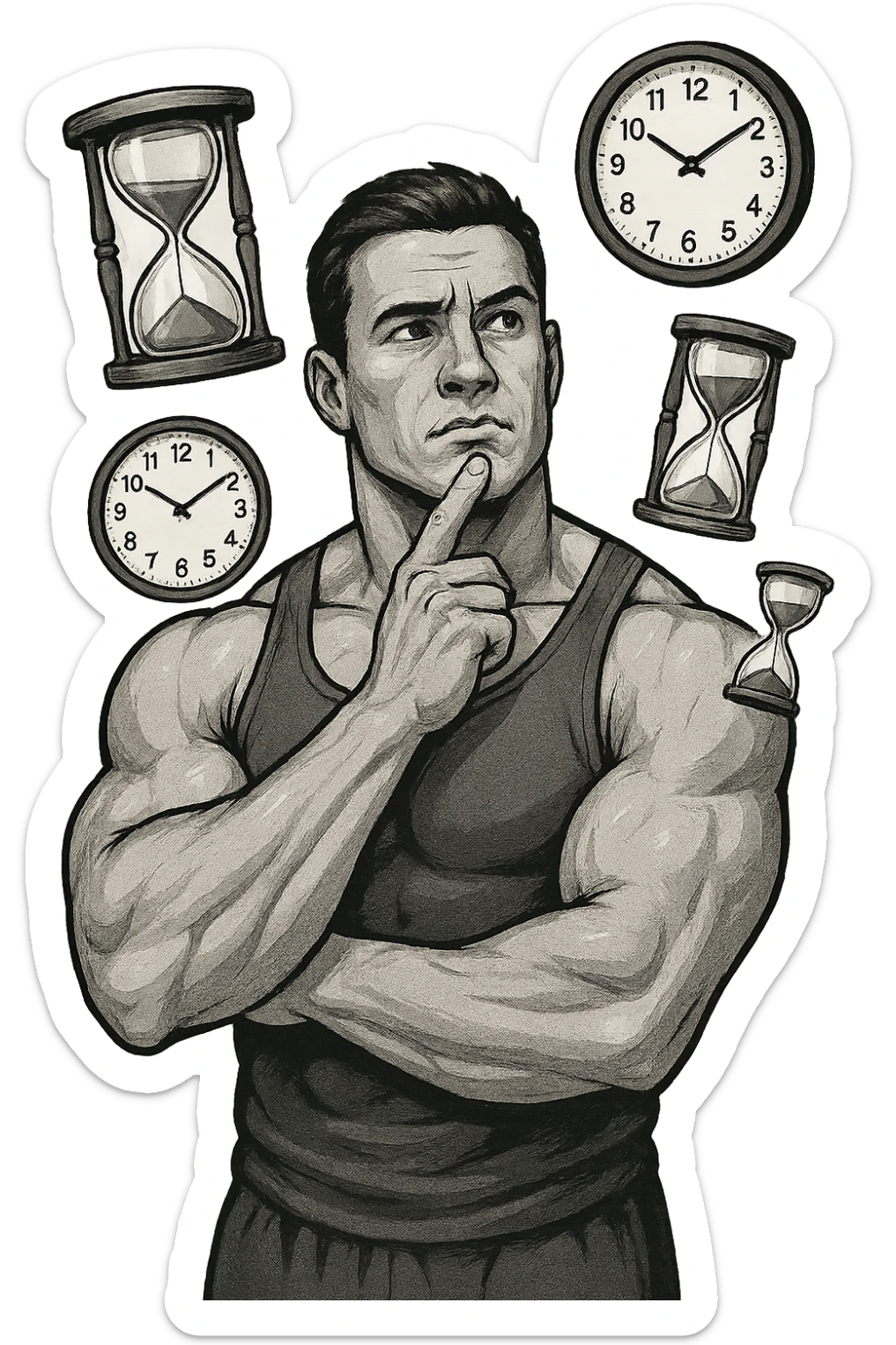 bodybuilder pensieroso che si tiene l'indice sul mento, alle sue spalle fluttuano clessidre e orologi da muro sticker