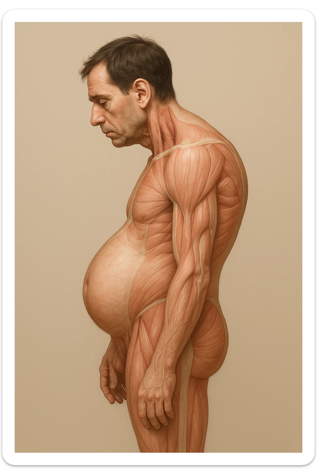 corpo UMANO ANATOMICO di profilo con spalle chiuse in avanti e pancia sporgente, postura errata, iperrealistico 4k sticker