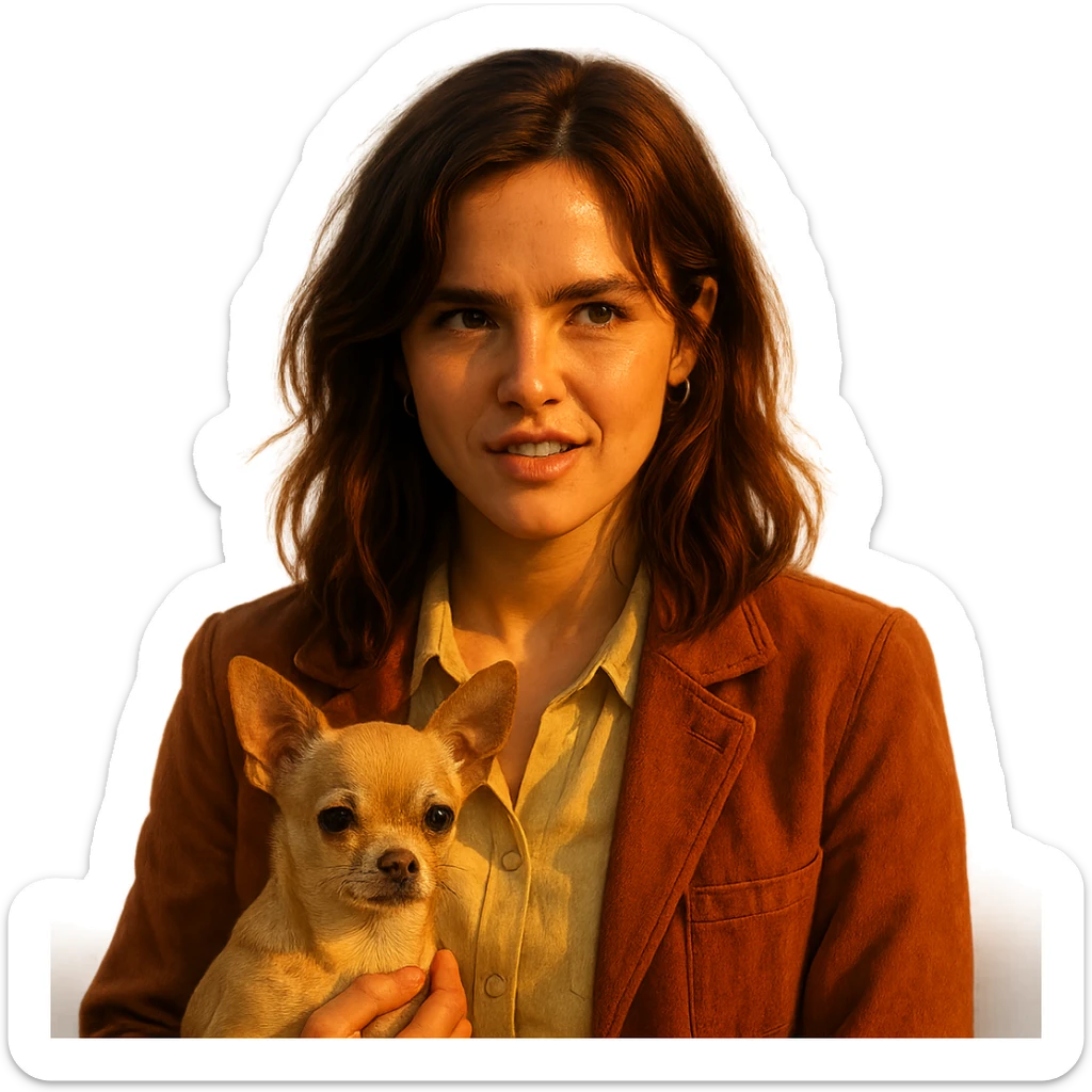 portrait centré d'une femme inspirée du visage de Zoe Deutch, teint hâlé, taches de rousseur discrètes, expression rebelle et enjouée, cheveux bruns mi-longs avec reflets auburn, chemise couleur #FFF8CA, veste rouille, tenant un chihuahua beige-marron, effet golden hour, fond transparent, style série Netflix, ambiance douce et rêveuse sticker