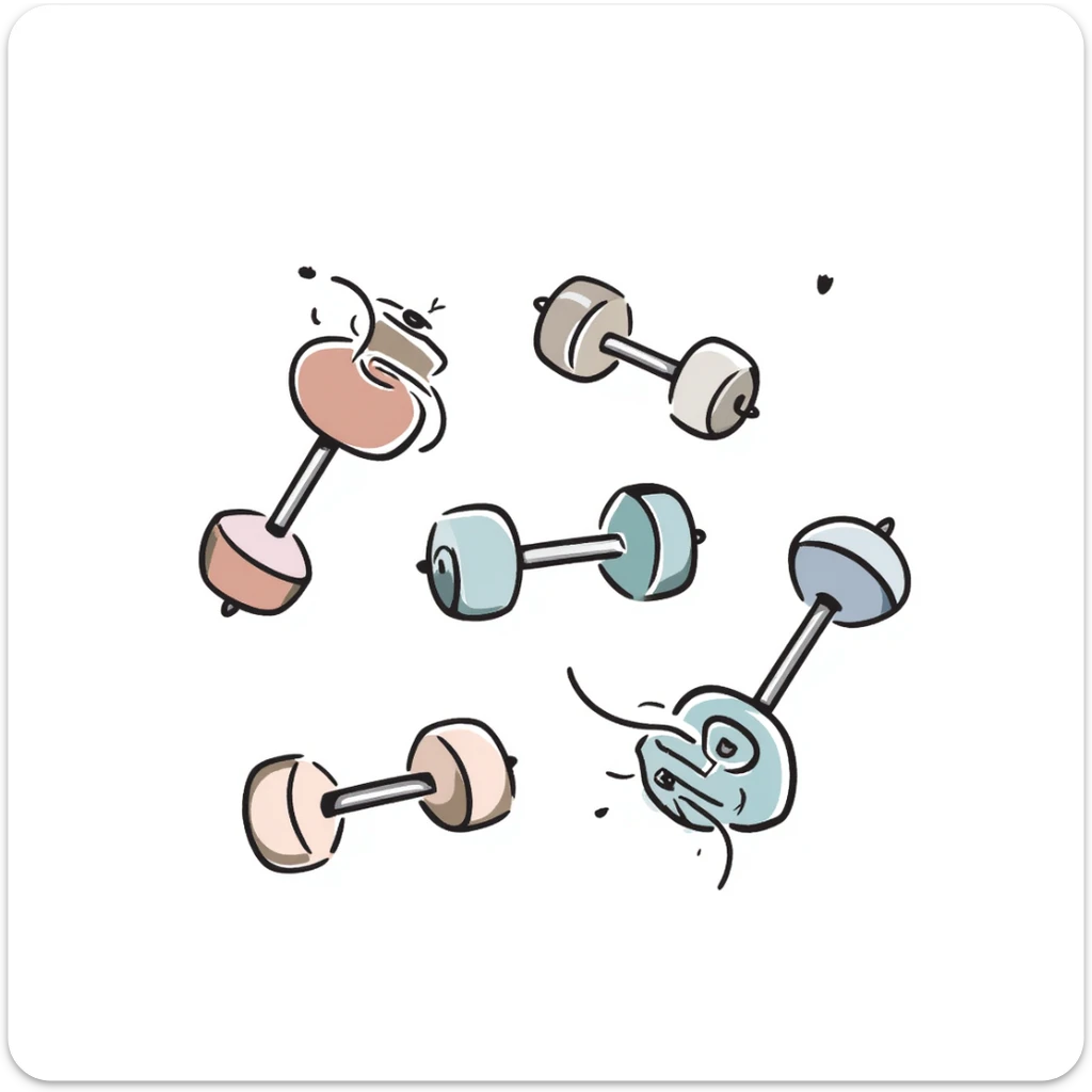 A set of fitness dumbbells with hexagonal ends in pastel colors (dd9fb0, ffc6d3, a3bfc9, c4bee2, f1b091), hand-drawn doodle style sticker