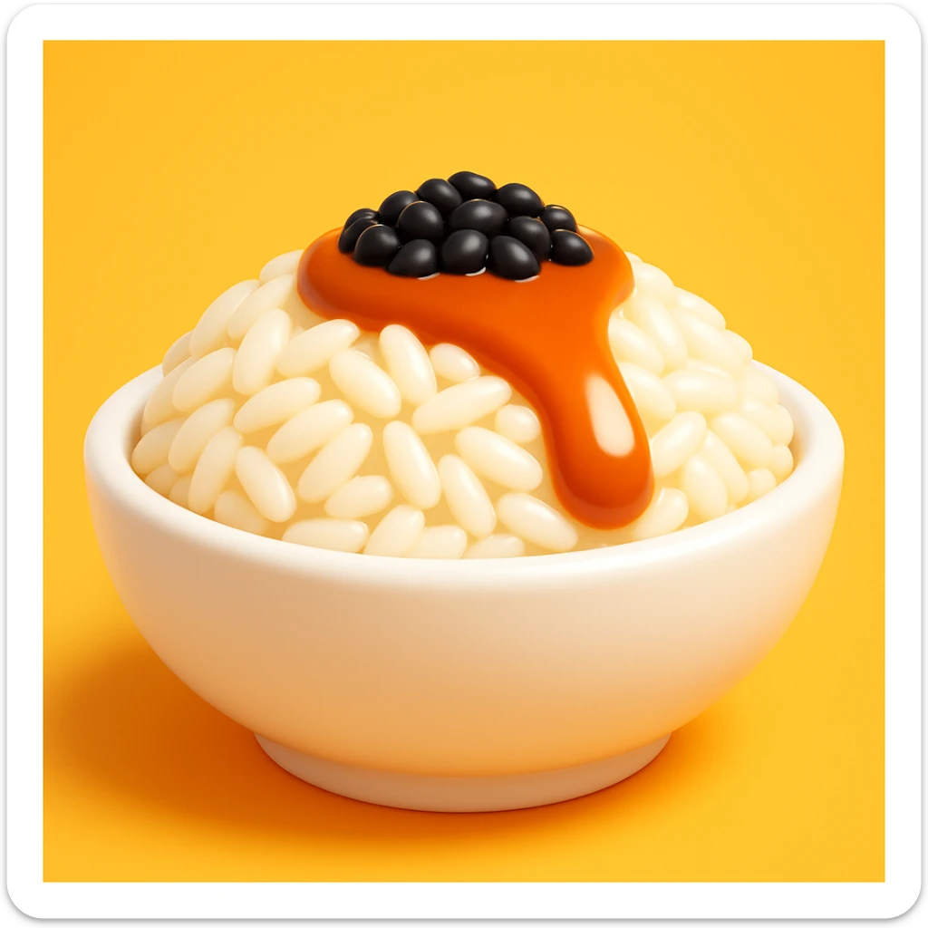 A dish of rice topped with black sesame seeds and soy sauce, 3D emoji style. sticker