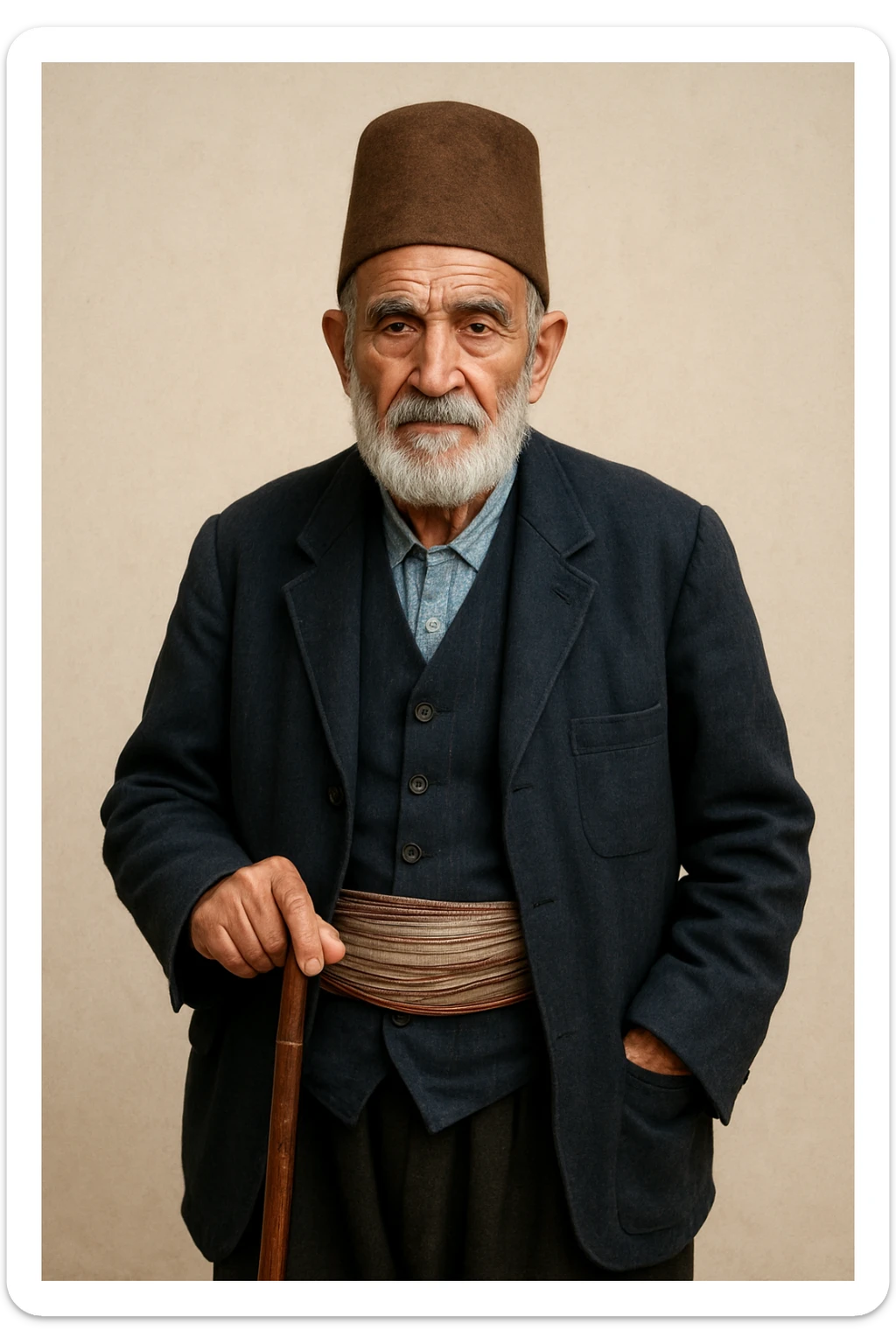 Konyalı adam, yaşlı, bastonlu, geleneksel kıyafet, Konya şapkası, sade arka plan sticker