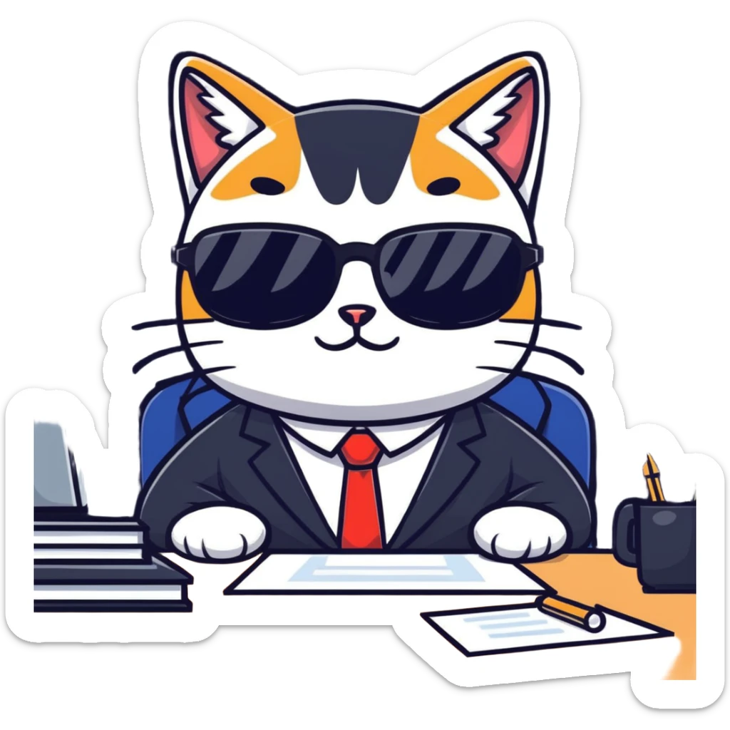cat wearing glasses and business suit, sitting at office desk looking important sticker