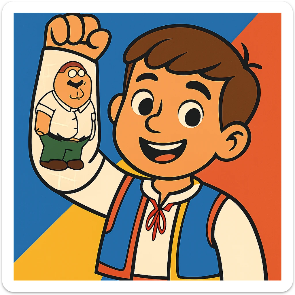 romanian boy with light skin and medium brown hair, holding up his arm in a cast, with a cartoon drawing of Peter Griffin on the cast sticker