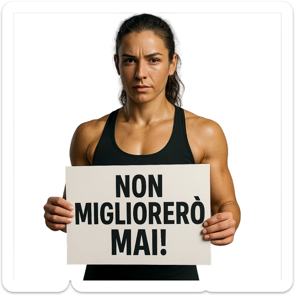DONNA FITNESS CHE TIENE UN CARTELLO IN MANO CON LA SCRITTA "NON MIGLIORERò MAI!", iperrealistico 4k sticker