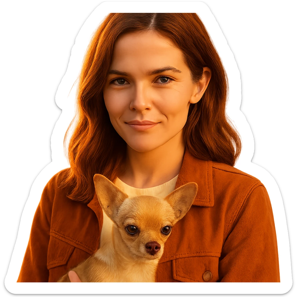 portrait centered of a woman inspired by Zoe Deutch's face, tanned skin, subtle freckles, playful and determined expression, medium-length brown hair with auburn highlights, wearing a shirt color #FFF8CA and a rust-colored jacket, holding a beige-brown chihuahua, golden hour lighting effect, transparent background, Netflix series style sticker