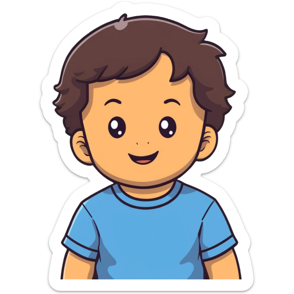 close-up of round smiling toddler boy face only with big eyes, medium skin tone, dark wavy hair, no neck visible, just the face sticker