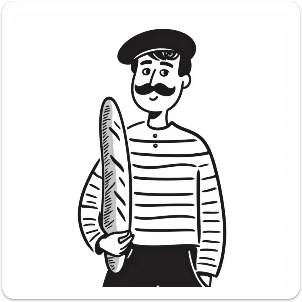 A Frenchman with a moustache and a beret, holding a baguette, wearing a black and white striped shirt, hand-drawn doodle style. sticker