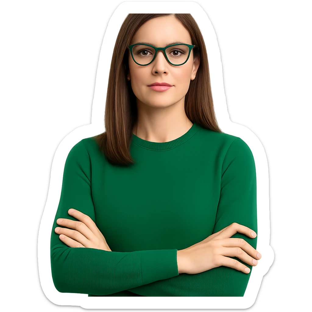 businesswoman CEO wearing an emerald green sweater, medium straight brown hair, emerald green glasses, leadership presence sticker