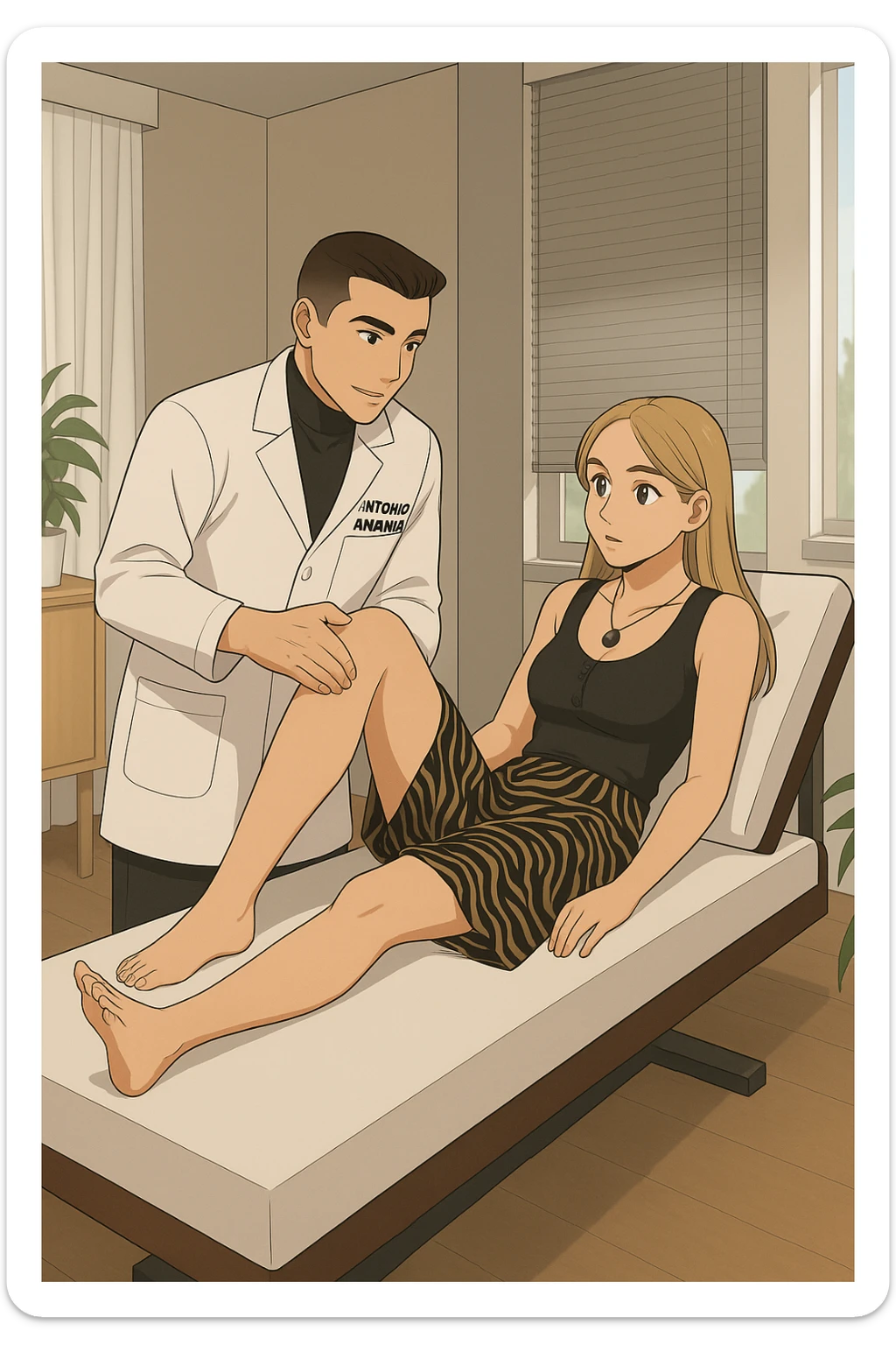 fai un webtoon/manga a colori con questo kinesiologo in camice bianco (fagli la scritta "ANTONIO ANANIA" SUL CAMICE) CHE SVOLGE UN TEST NEUROMUSCOLARE SOLLEVANDO UNA GAMBA ALLA RAGAZZA CHE è STESA SU UN LETTINO BIANCO. STANZA SEMPLICE E MODERNA, DURANTE IL TEST I DUE DIALOGANO TRA LORO. NON FARE I FUMETTI, FAI SOLO LORO COME SE DIALOGASSERO sticker