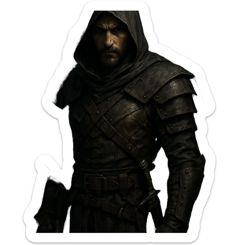 male assassin, hooded cloak, leather armor, shadowy, intense look, fantasy style, detailed, cinematic lighting sticker