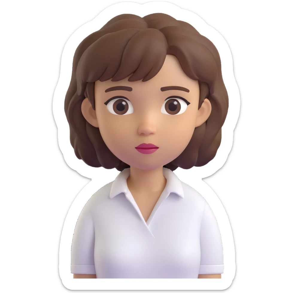 3D emoji style character with short tousled brown hair, light skin, neutral expression, wearing a white shirt, head centered, neutral background sticker