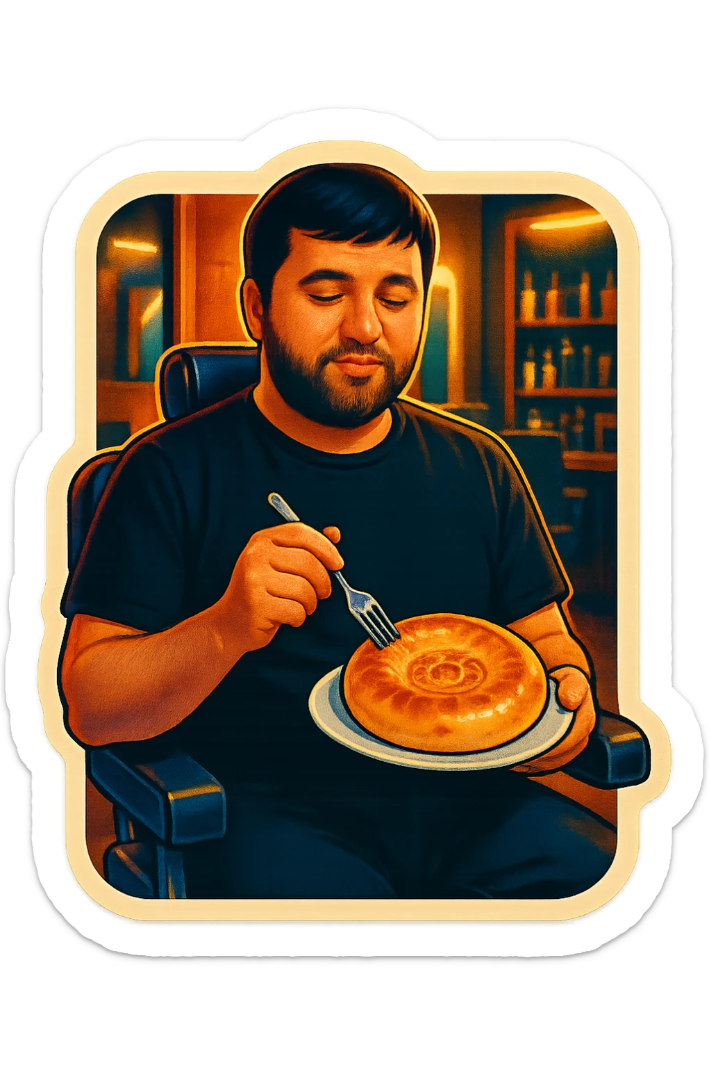 "A man wearing a black shirt is sitting calmly in a modern barbershop chair, inside a stylish barbershop with wooden and black interior. The man is holding a white plate with a traditional Uzbek round bread (non) on it, and a fork in his other hand. The atmosphere is warm and softly lit, with mirrors and hair products visible in the background. The scene feels relaxed, cozy, and humorous due to the unusual setting of eating bread in a barbershop. sticker