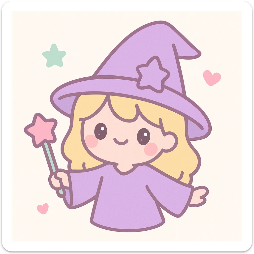 sweet wizard girl, blonde hair, purple wizard hat, enchanting and playful, cute and whimsical sticker