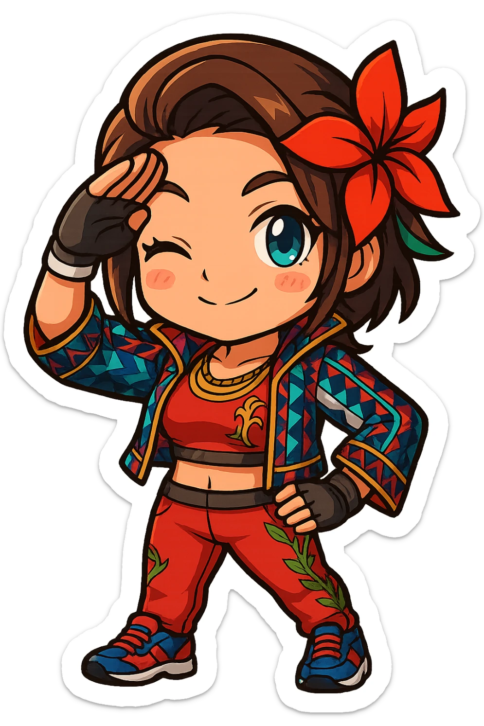 Azucena from Tekken 8 in chibi sticker style, giving a salute, wearing the detailed red and patterned outfit from the reference images, designed for Twitch emote use. sticker