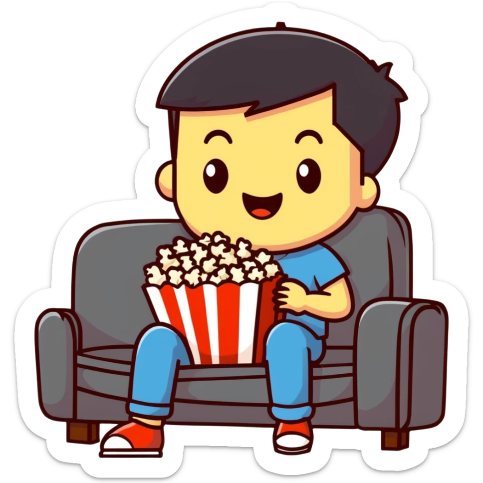 Person sitting comfortably on couch watching movie with popcorn in hand, excited expression sticker