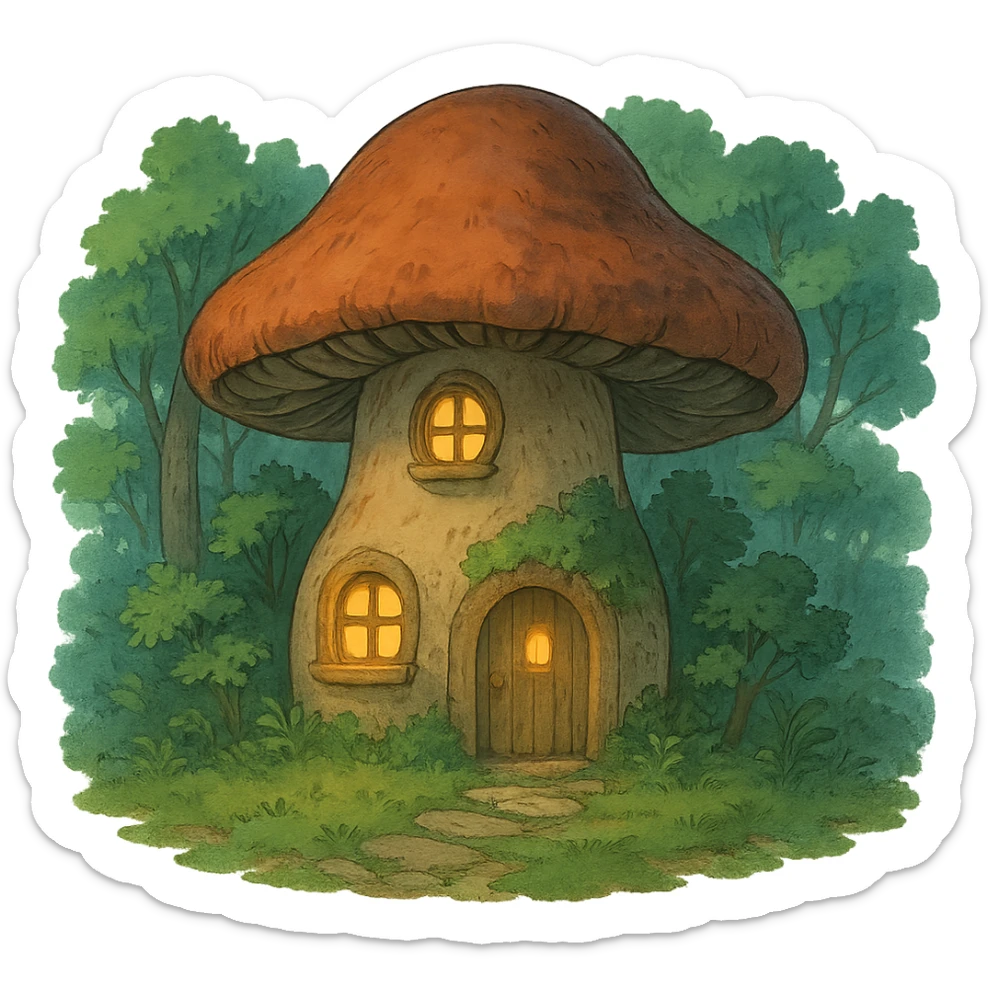 mushroom-shaped house with glowing lights, forest fairy tale vibe, ghibli style sticker