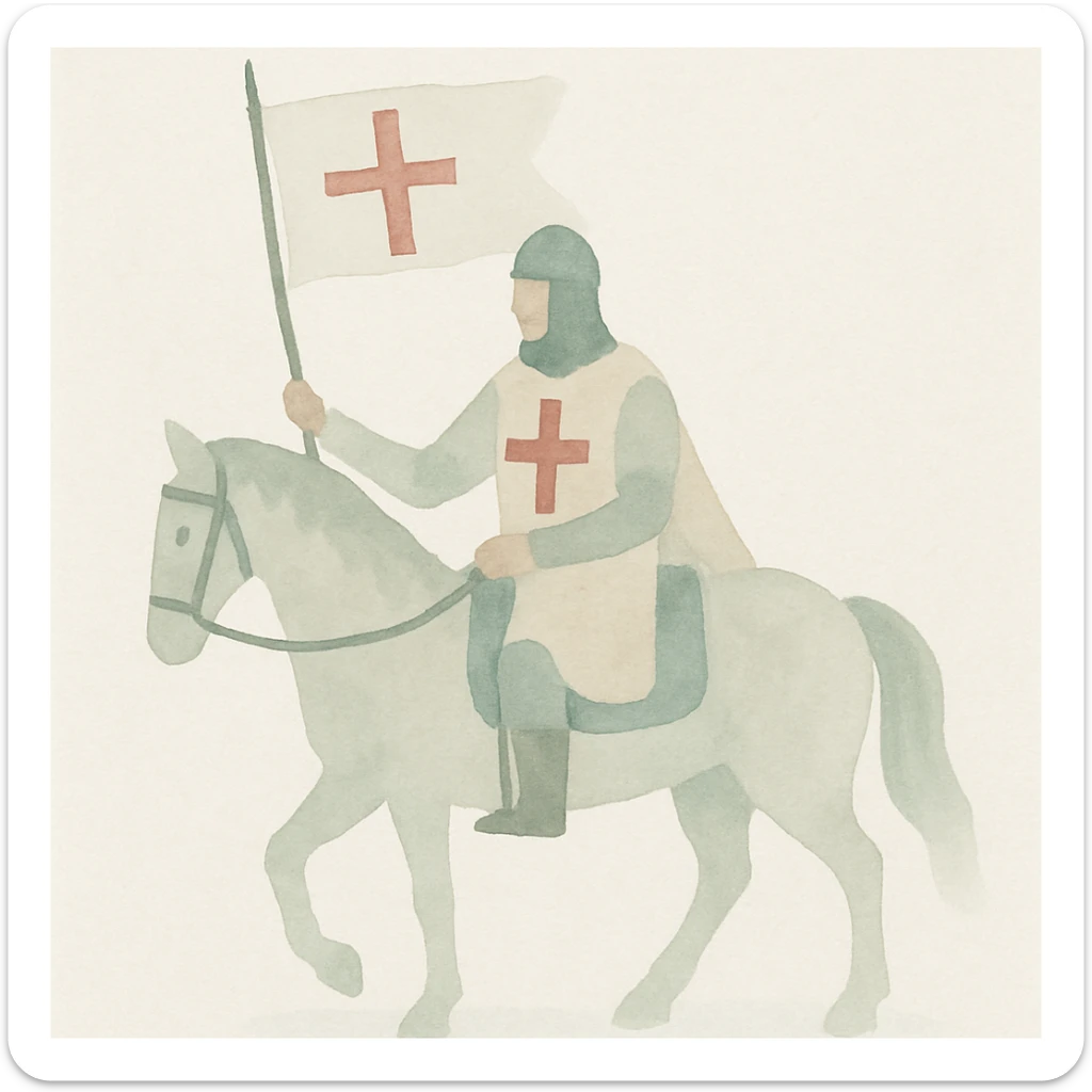 Christian knight on horseback, waving a flag with a cross, watercolor art style sticker