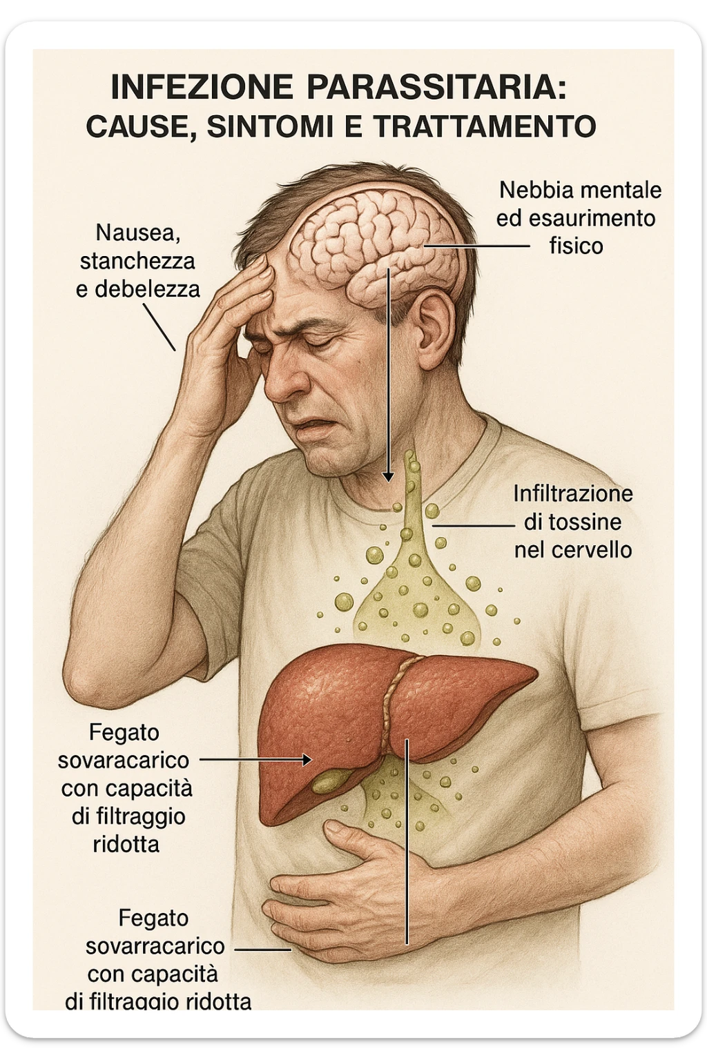 "Man feeling increasingly unwell as his liver fails to filter toxins, nausea, tiredness, and weakness overwhelming him as toxins infiltrate his brain causing confusion and irritability Parasitic Infection: Causes, Symptoms & Treatment, expression of mental fog and physical exhaustion, liver shown as overworked organ with reduced filtration capacity, toxic buildup affecting entire body systems" in italiano sticker