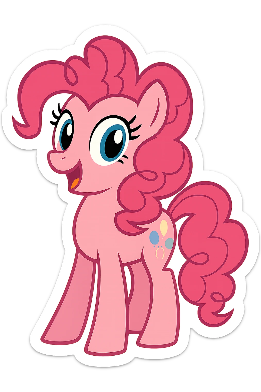 Pinkie Pie from My Little Pony, vibrant cartoon style, cheerful expression, pink color, curly mane and tail sticker