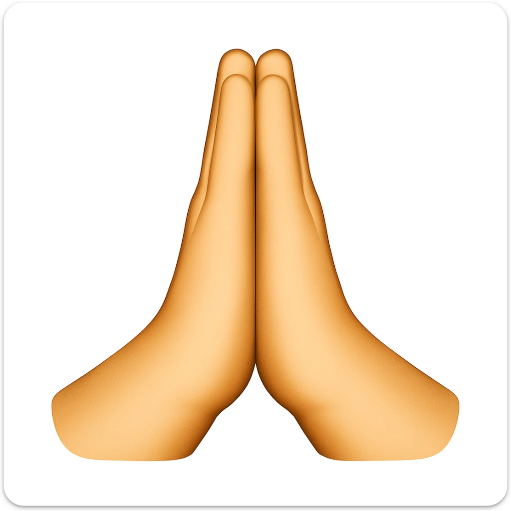 Caucasian hands in a gesture of prayer, point of view with thumbs in front, in emoji style. sticker