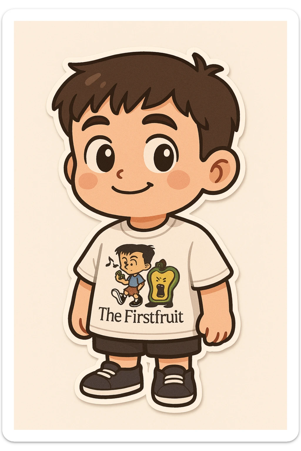 Create an emoji of a man with short dark hair, wearing a white t-shirt featuring the cartoon 'The Firstfruit' design as shown in the reference images. Capture the friendly, expressive emoji look in a chibi stickers cartoon style, emphasizing the unique print on the shirt and the cartoon style overall. sticker