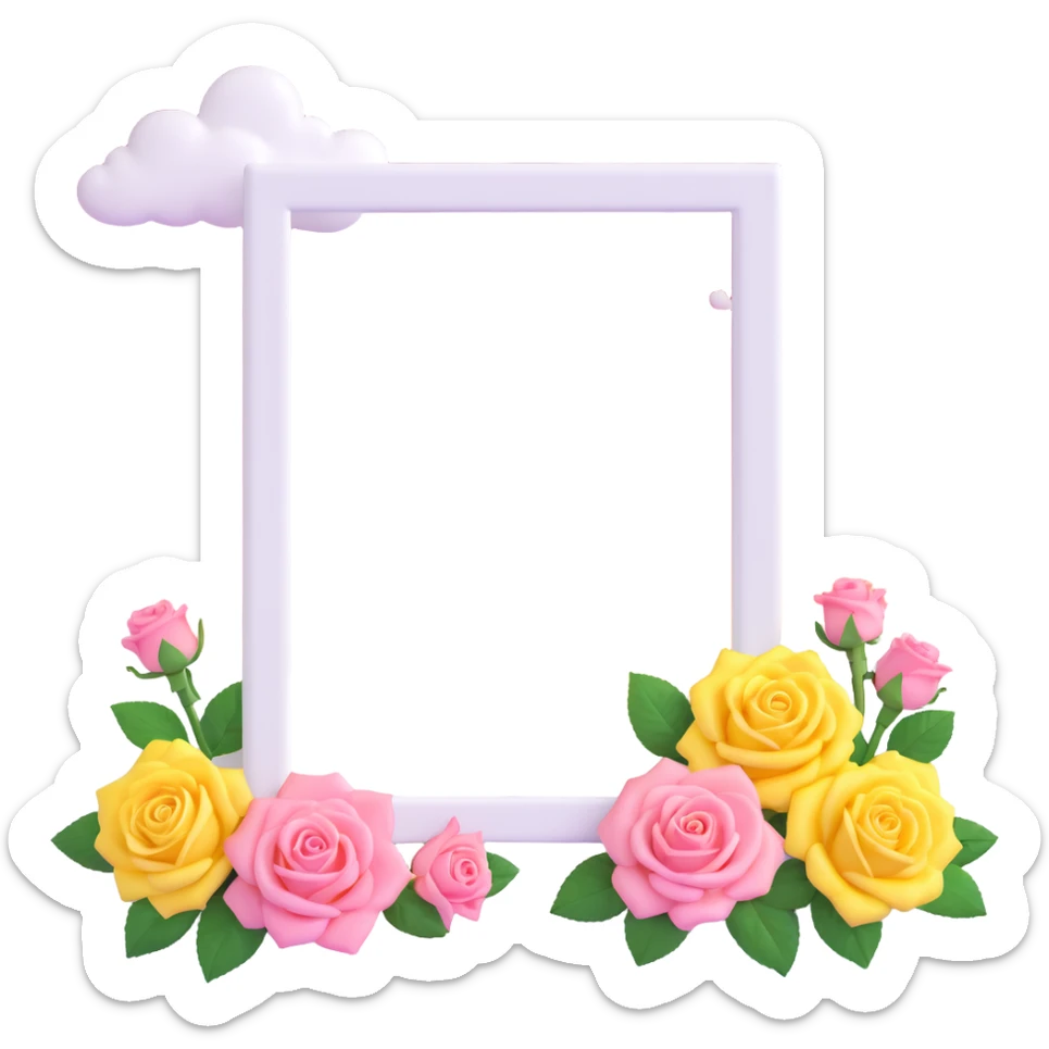 Polaroid photo frame with yellow roses and a pink sky with stars and clouds, detailed, visible Polaroid frame, white background sticker