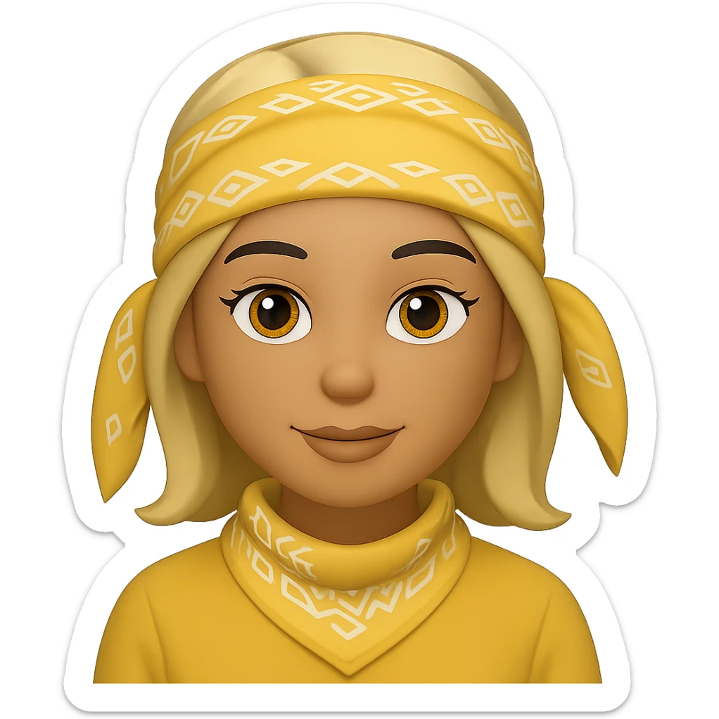 Create an image of a woman with a yellow bandana in the style of Apple emojis, with no background. The style should mimic the look of Apple emojis. sticker
