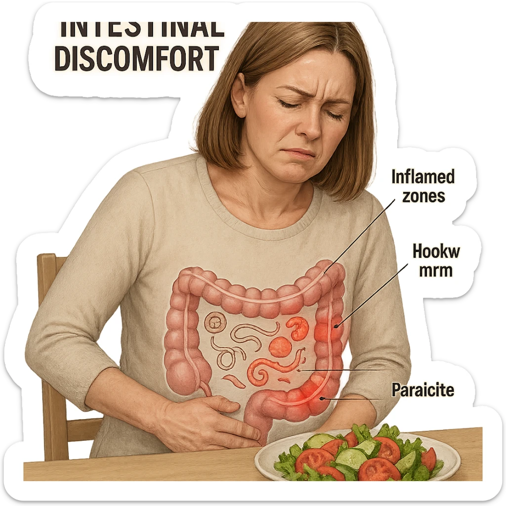 adult woman, realistic infographic style, intestinal discomfort, transparent intestine illustration with parasite icons and inflamed zones, sitting at table with salad, suffering expression, light background sticker