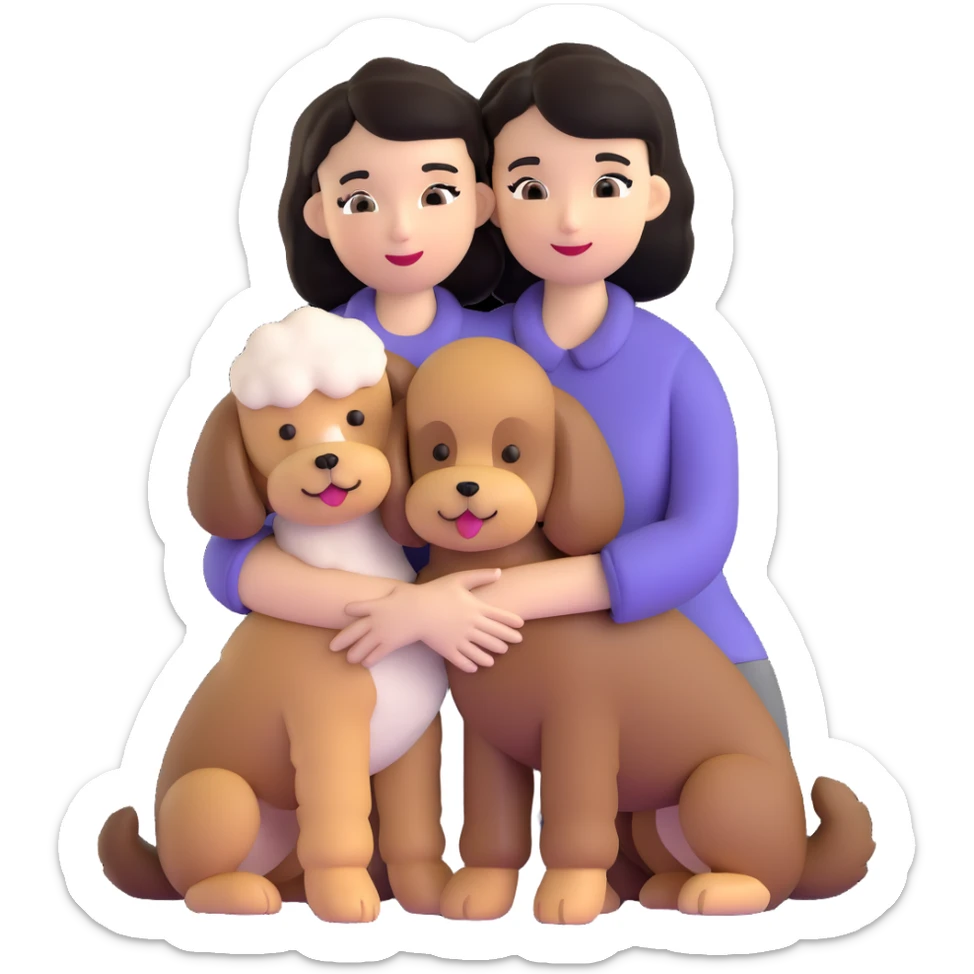 Woman with short black straight hair hugging a brown poodle and a white bichon frise sticker
