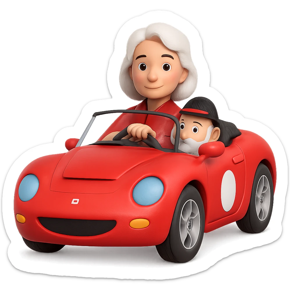 Make this mother with white hair driving a red sports car look 10% more realistic in the style of 3D Emoji, keep the 3D emoji style, no background. sticker