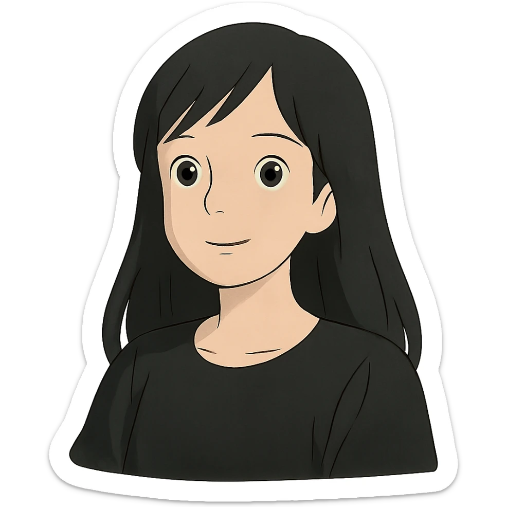 ghibli style white woman with rounded brown eyes, long black hair, black blouse sticker