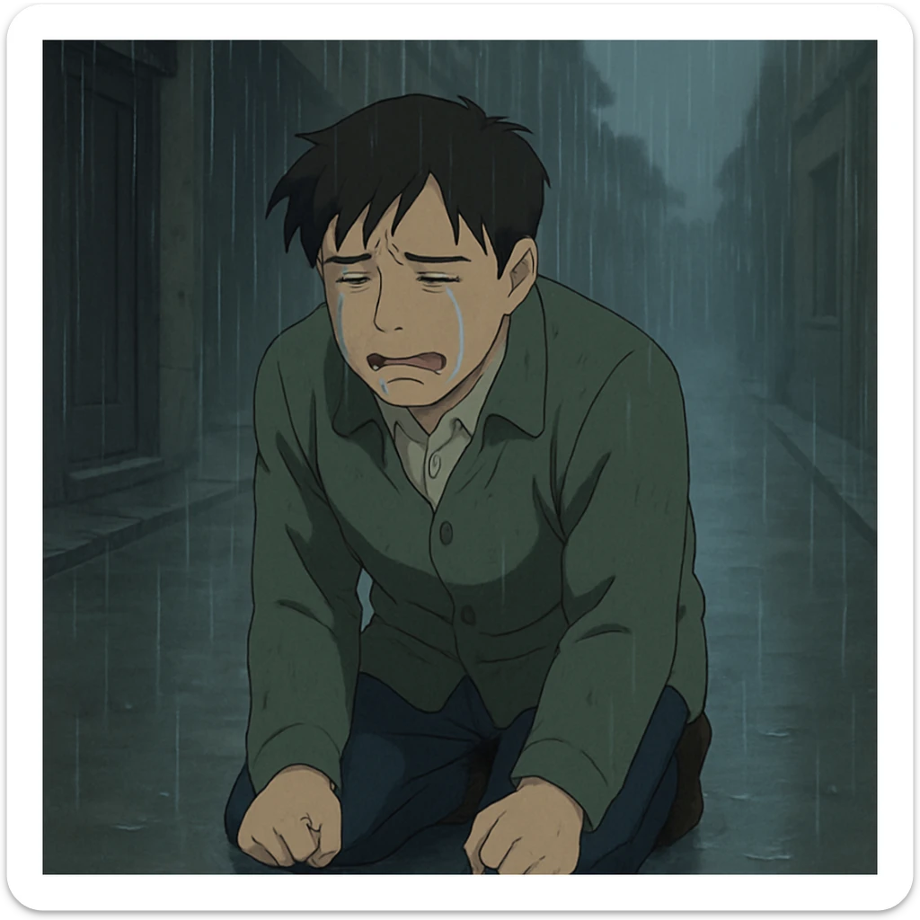 sad Asian man kneeling and crying in a rainy street, moody atmosphere sticker