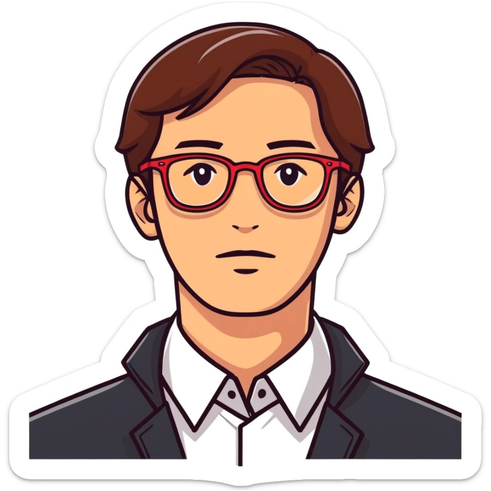 face of a man with a lot of brown hair and red glasses sticker
