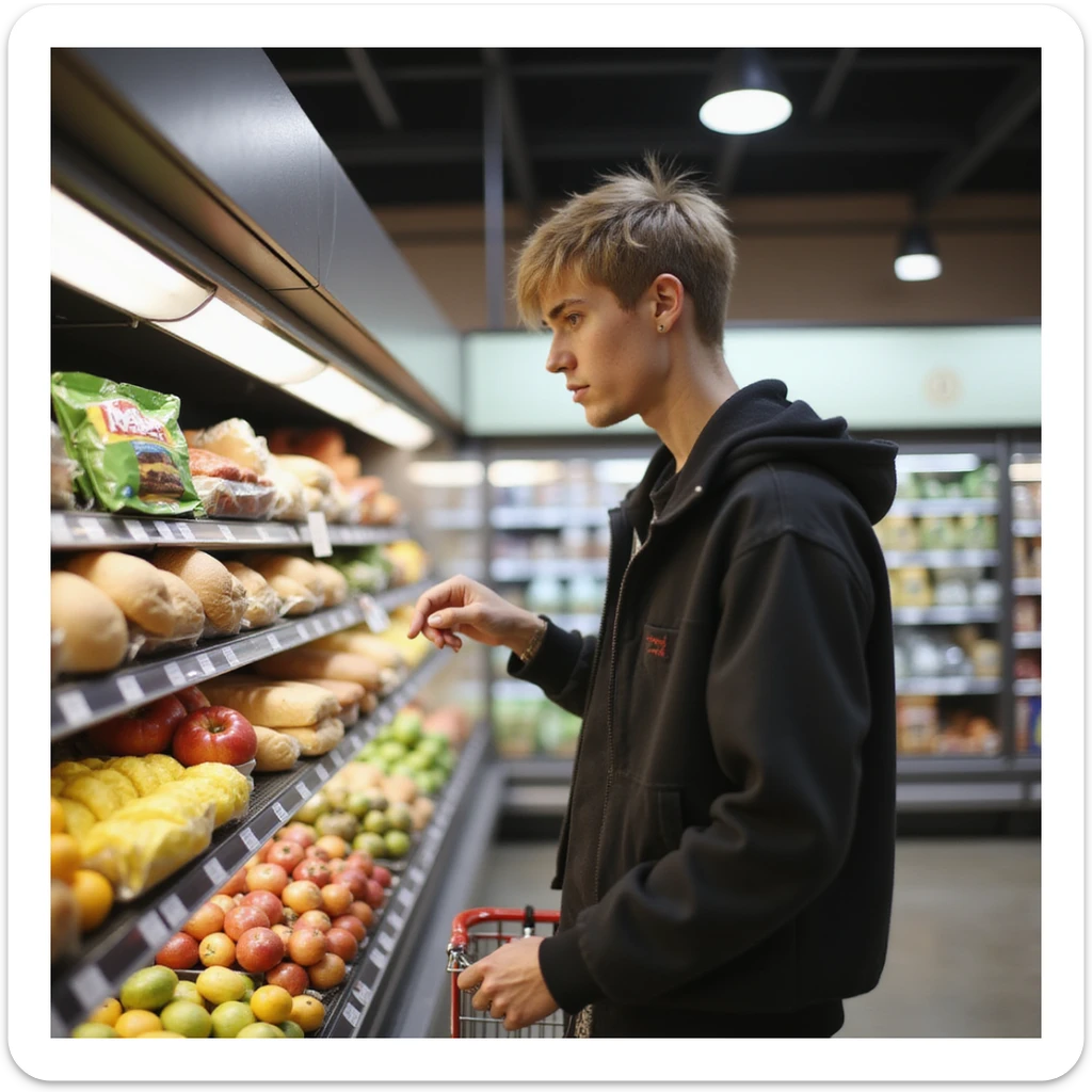 Justin Bieber checking out groceries at a supermarket, photorealistic style sticker