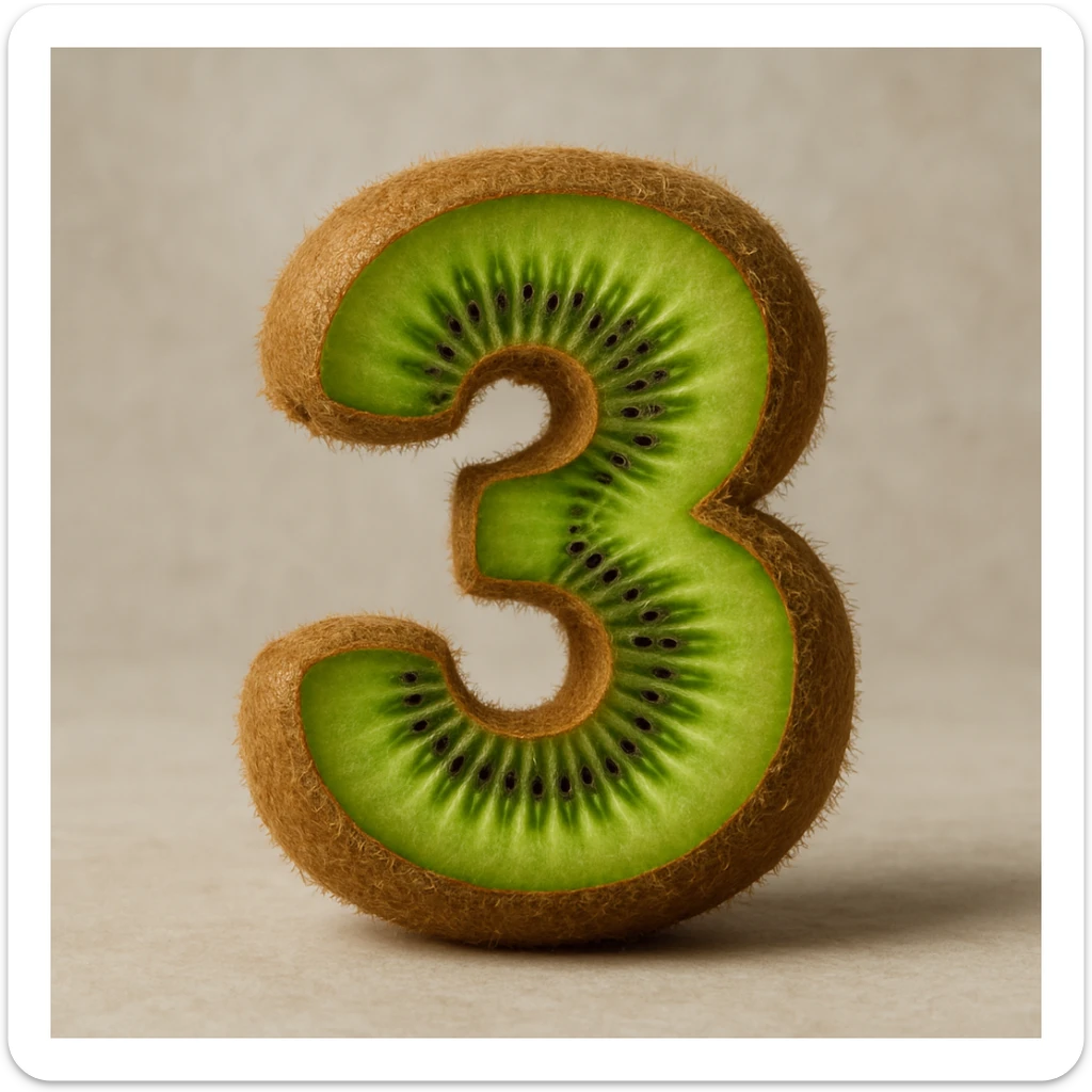 realistic textured number 3 made out of kiwi, showing fuzzy skin and green interior sticker